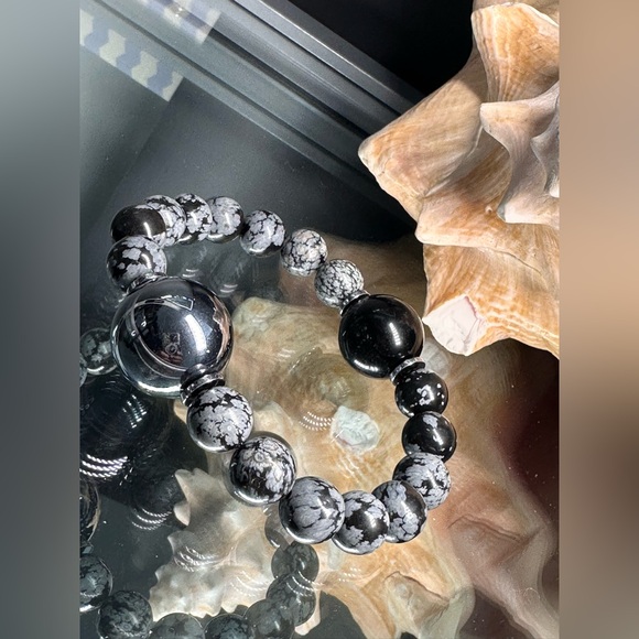 (JOEHANNA) TERAHERTZ + SNOW OBSIDIAN NATURAL STONES  BRACELET size 7” - Picture 5 of 10